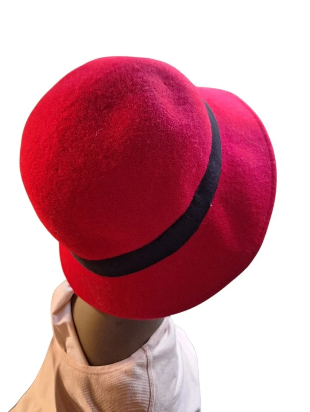Red Wool Bucket Cloche Hat with Black Band Ladies One Size cosplay Costume